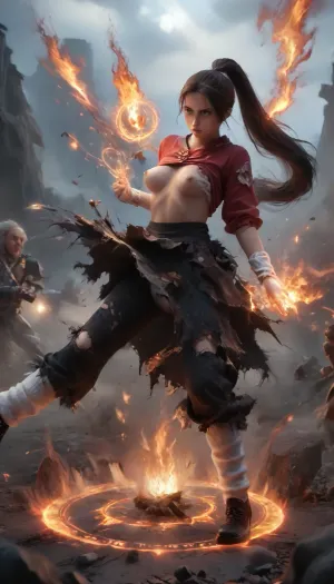 1girl, Japanese model of 31 years old, (31 yo), beautiful extacy face, witch charactor, pink nipples, slim legs, (fire european uniform), dark blue pleats skirt, (She was attacked by magic from another witch and her clothes is tattered torn:1.2), (her clothes jagged and ripped:1.5), (skin peeks through the gaps in the torn clothing:1.5), flying using magical power while riding a big magic circle, looking her breast of E-cups, very long straight hair, high-ponytail, white panty, loose socks, black shoes, lift up skirt, battlefield of magic fantasy world, duel, magical, fire, magic, spell, fireball, element, water, ball, orb, air, wind, earth, rock, plant, sand, <lora:tornclothesv6-8:2>, <lora:ClearHand-V2:.9>, <lora:Wizards__Mages:1.4>, <lora:Magical duel - SDXL v2.0:.4>
