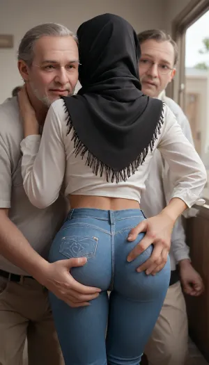 cute 18 years Algerian woman, small body, (tight jeans), (round bubble butt), (dark tanned skin), cute face, innocent face, (long black hijab-scarf), (caught by force and molested), ((old man holding her and groping her ass)), by force, back view, fully clothed, <lora:Thigh_gap_SDXL:1.7>
