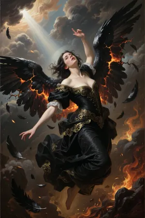 Dark angel falling from heaven, baroque oil painting masterpiece, in the manner of Caravaggio, beautiful young woman, 25 years old, dark hair wild and turbulent in the fall, pale skin luminous against the darkness, ((tighter framing — figure from waist upward, face occupying upper third of the frame, tack sharp focus on her face)), ((expression clearly readable —
tragic melancholic surrender mixed with cold supernatural pride, eyes fixed upward toward the light she is losing, lips slightly parted, face luminous)), ((body in dramatic freefall —
torso twisted, one arm reaching upward
toward the divine light above, head turned upward toward lost paradise)), ((massive black wings —
torn and broken, asymmetric, dark fire and glowing embers between feathers, lava cracks visible on wing surface, feathers scattering into the void around her)), black baroque dress with gold embroidery
billowing dramatically upward in the fall, ((divine light source from above —
powerful shaft of cold heavenly light
illuminating her face and outstretched hand precisely, Caravaggio chiaroscuro —
deep darkness below, divine light above)), turbulent baroque sky —
swirling dark clouds, distant heavenly glow above, flames and darkness below, scattered feathers surrounding her, oil painting texture — visible brushstrokes, aged canvas, rich impasto technique, warm amber deep black and ember orange tones, museum quality baroque masterpiece