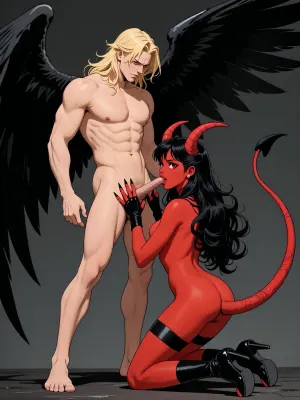A masterpiece, top quality, 2D hentai in the style of classic mid-20th-century Franco-Belgian comics, with bold black lines, a retro aesthetic, high contrast, and dramatic lighting.
A muscular “dark angel” with fair skin, golden hair, and large black wings stands before a little devil girl kneeling before him. The girl has long black hair, curled horns, red skin, red eyes, black claws on her hands, and black high-heeled boots on her feet, along with a long, flexible, naked red tail with a black tuft at the end. She is completely naked. The little devil girl is giving the Dark Angel a blowjob. A dark background with wing shadows in a retro comic book style.