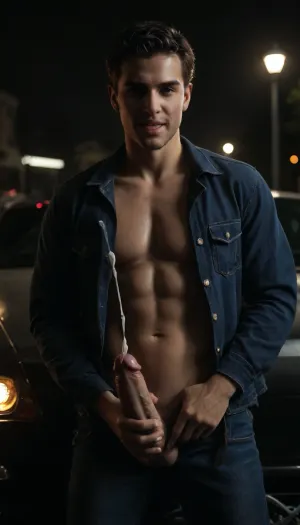 Fully erect cock. upward cock cumshot white sperm, One mexican man on car, Solo, night-time, dark, streetlights, close-up.25 years old muscular man, tall man, short red hair, open mouth, scream orgasm, smile, pleasure, orgasm, short hair, straight hair, front view, standing next to car in car park at night, wearing opened dark blue denim jacket with long sleeve, empty chest, cock sticking out from his jeans, with sexy shiny leather belt, wear neck male medallion, veiny cock, little sexy thick cock, oiled, masturbating, splasy squirt cumshot white plenty sperm liquid milk from cock, nightime, moonlight, standing for viewer, looking directly at me, eye-contact, looking, at, viewer, <lora:looking_at_viewer:.8>, <lora:dark:.8>