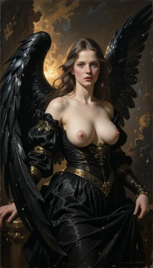 Dark angel, oil painting style, Baroque masterpiece, in the manner of Caravaggio and Gustave Moreau, beautiful young woman emerging from absolute darkness, magnificent black wings catching a single divine light source, ornate black dress with gold details, face illuminated by dramatic chiaroscuro, expression of cold melancholic power, rich dark background, deep shadows, visible brushstroke texture, aged canvas aesthetic, warm amber and deep black tones, hyper realistic painted style, museum quality, breast exposed, large nipples, nipple outline