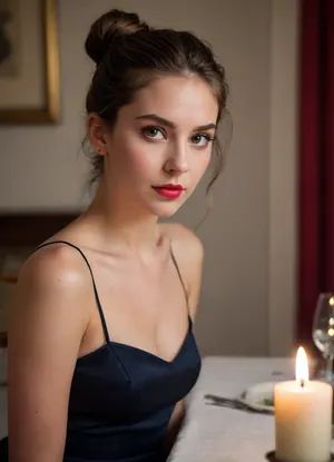 The image is a medium shot portrait of a young woman with her head and shoulders filling most of the frame. She is looking directly at the camera with a neutral expression. Her dark hair is pulled up in a bun. She is wearing a black spaghetti strap dress with a sweetheart neckline. Her makeup is prominent, with winged eyeliner and a matte red lipstick. She has a subtle pink blush on her cheeks. Her skin tone is fair.

The background is somewhat blurred, suggesting a shallow depth of field. To the left of the woman, there is a dimly lit scene that appears to be a table setting. A single lit red candle in a tall holder is visible, casting a warm glow. There are also indistinct shapes that could be other candles or objects on the table. The wall behind her is a muted greyish-blue, and there's a hint of a white vertical element on the far right.

The composition is centered on the woman's face, drawing the viewer's attention to her features. The lighting is soft, with the primary light source appearing to be from the front, illuminating her face and upper body. The overall color palette is subdued, dominated by the black of her dress, the greyish-blue of the wall, and the warm tones of the candle flame. There is a decorative blue border framing the image, particularly visible on the left and right edges. The quality of the image suggests it might be an older photograph, possibly from a scanned print, due to some softness and graininess. A partial view of another person's arm, possibly resting on the woman's shoulder or arm, is visible on the right side of the frame, adding a sense of presence of another individual without distracting from the main subject.