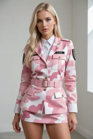 Stunning young Scandinavian blonde model, Danish fashion aesthetic, blue eyes, radiant skin, wearing a tailored pink and white camouflage uniform. Luxury fashion editorial photoshoot, confident expression, full-body pose, clean composition, premium studio and natural light blend, photorealistic, realistic textures, detailed uniform, high-end fashion magazine style, ultra detailed, cinematic, sharp focus, 8k, masterpiece.