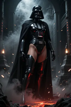 A towering female Sith Lord stands alone within the obsidian halls of an Imperial fortress. Her black armor echoes the iconic silhouette of Darth Vader while incorporating subtle feminine proportions without sacrificing intimidation. A flowing black cape trails behind her as crimson light from molten lava reflects across polished armor plates. Her helmet is sleek and terrifying, concealing all traces of humanity behind a mask of cold authority. One black-gloved hand is extended as if crushing an unseen enemy through the Force. Smoke, sparks, and drifting ash fill the air. She radiates absolute power, control, and menace. Cinematic lighting, photorealistic armor, dramatic atmosphere, dark fantasy merged with science fiction, ultra detailed, movie-quality Star Wars scene, masterpiece.