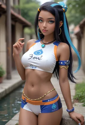 ultra realistic, high resolution, A sexy 30 year old woman, with big blue eyes, busty, perfect curvy body, <lora:PerfectEyesXL:.1>, nessa_\, (pokemon\), dark-skinned_female, hoop_earrings, crop_top, navel, single_hair_bun, armlet, necklace, <lora:nessa_v2:.8>
