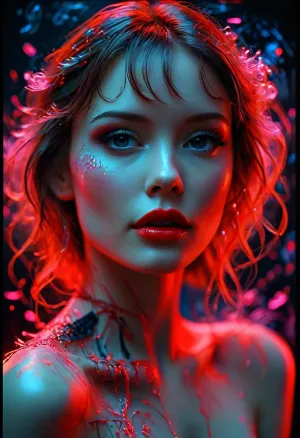 semi-realistic, fairytale-art, hightech-diva, drawing with red shaving foam on a blacklight glass plate, black paper background. /KlTTYART/, <lora:COMFYUI_mimic_landscape_-_XL_SDXL v2.0:.5>, <lora:attractive_notrigger:.5>, <lora:PerfectEyesXL:.1>, <lora:MJ52:1>