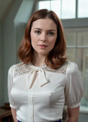 Aberdeen, bow, blouse, <lora:56a206e8-def0-49c2-b599-66069ac558c5.TA_trained:.8>, dormer101, <lora:Natalie_Dormer_SDXL_101:.8>