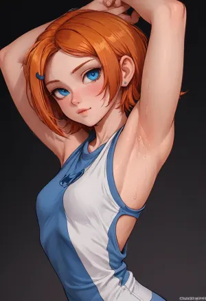 (meets Neocoill style), Cutesexyrobutts style, Cel-shaded, inked lineart, limited color palette, masterpiece, Gwen Tennyson from ben10, orange hair, (armpit fetish, armpit focus, (extremely detailed armpit:1.5), sweaty armpit), side view, <lora:mk_Bp Anime_xl:1.2>, <lora:lineartSDXL:2>, <lora:EnvyBeautyXL01:2>