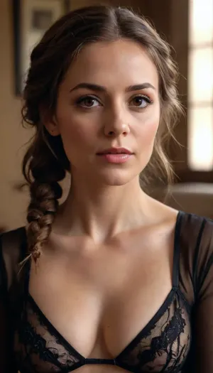 Mature woman.
Sultry expression.
Almond shaped brown eyes.
Wears her Brunette hair in a braid. Wearing black lingerie.
Full body in view.