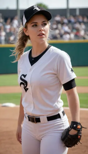 Slutty thick baseball player bursting out of her uniform, White Sox, baseball field