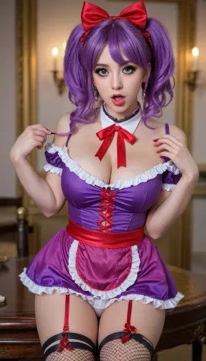 Hentai woman turned real, big colorful hair, eccentric colorful cloths, detailed colorful makeup, vibrant, busty, mona, cosplay, costume, alternate, purple, hair, long, twintails, maid, enmaided, dress, apron, frilled, frills, puffy, short, sleeves, headdress, choker, gold, chain, red, bow, jewelry, ribbon, ornament, fishnet, pantyhose, print, high, heels, ahegao, face, pleasure, tongue