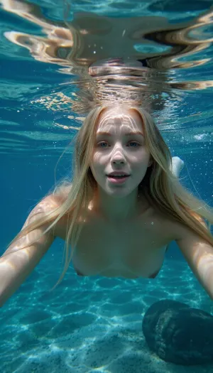 18yo girl, blonde, long hair, swimming in the ocean, nude underwater