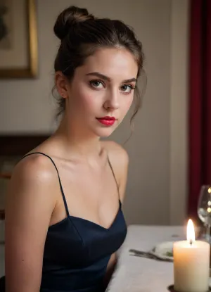 The image is a medium shot portrait of a young woman with her head and shoulders filling most of the frame. She is looking directly at the camera with a neutral expression. Her dark hair is pulled up in a bun. She is wearing a black spaghetti strap dress with a sweetheart neckline. Her makeup is prominent, with winged eyeliner and a matte red lipstick. She has a subtle pink blush on her cheeks. Her skin tone is fair.

The background is somewhat blurred, suggesting a shallow depth of field. To the left of the woman, there is a dimly lit scene that appears to be a table setting. A single lit red candle in a tall holder is visible, casting a warm glow. There are also indistinct shapes that could be other candles or objects on the table. The wall behind her is a muted greyish-blue, and there's a hint of a white vertical element on the far right.

The composition is centered on the woman's face, drawing the viewer's attention to her features. The lighting is soft, with the primary light source appearing to be from the front, illuminating her face and upper body. The overall color palette is subdued, dominated by the black of her dress, the greyish-blue of the wall, and the warm tones of the candle flame. There is a decorative blue border framing the image, particularly visible on the left and right edges. The quality of the image suggests it might be an older photograph, possibly from a scanned print, due to some softness and graininess. A partial view of another person's arm, possibly resting on the woman's shoulder or arm, is visible on the right side of the frame, adding a sense of presence of another individual without distracting from the main subject.