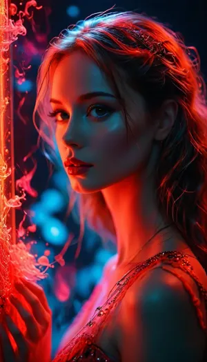 semi-realistic, fairytale-art, hightech-diva, drawing with red shaving foam on a blacklight glass plate, black paper background. /KlTTYART/, <lora:COMFYUI_mimic_landscape_-_XL_SDXL v2.0:.5>, <lora:attractive_notrigger:.5>, <lora:PerfectEyesXL:.1>, <lora:MJ52:1>