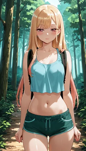 marin_kitagawa from sono_bisque_wa_doll, flat-chested, naked tits, hiking alone in forest, wearing short shorts and tank top, peaceful expression, anime style, detailed shading