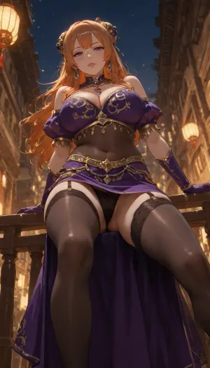 dancer milf, imperial China, night, upskirt, low angle, stockings, gloves, sitting on balcony bench, legs apart