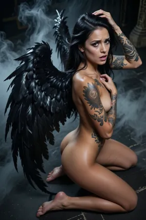 Ultra detailed depiction of a dark angel woman, realistic face, strikingly beautiful face, highly detailed, extremely detailed skin, supermodel of 25yo fully tattooed, olive skin, jet black hair, sharp sculpted features, deep dark eyes, image taken from above, surprised, kneeling, looking at viewer, big eyes, rear-side view, in her back 2, immense black wings made of crow feathers spotted behind her shoulders, (((the wings are very long and extend as low as her feet, they trail on the ground))), ((fully naked)), .
emphasis on her face, refined facial structure, delicate bone lines, subtle tension around the eyes and lips., ((Her expression blends compassion and inner pain with unwavering resolve)), . Long black hair moved by the wind.
One hands on her head close to ear and moving up her hairs theatrically, the other hand in a sensual pose on her body, A mystic black smoke, thin but opaque, like a obscur glow, surrounds her body and wings She is, (arched), showing her, ((extraordinary flexibility)), and mystically shaped body, ((A mystic smoke, dark and not grey, thin but opaque, like a obscur glow, is on the ground and surrounds her body and wings)), .