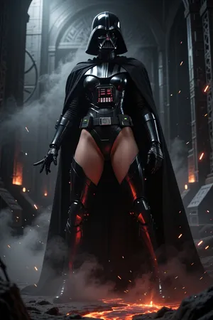 A towering female Sith Lord stands alone within the obsidian halls of an Imperial fortress. Her black armor echoes the iconic silhouette of Darth Vader while incorporating subtle feminine proportions without sacrificing intimidation. A flowing black cape trails behind her as crimson light from molten lava reflects across polished armor plates. Her helmet is sleek and terrifying, concealing all traces of humanity behind a mask of cold authority. One black-gloved hand is extended as if crushing an unseen enemy through the Force. Smoke, sparks, and drifting ash fill the air. She radiates absolute power, control, and menace. Cinematic lighting, photorealistic armor, dramatic atmosphere, dark fantasy merged with science fiction, ultra detailed, movie-quality Star Wars scene, masterpiece.