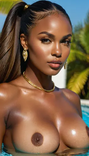 8k resolution, sharp focus, ((hyperrealistic)), ((masterpiece)), A 22-year old perfect hazel eyed, busty ebony model who looks like a sexier Tori Black, ((dark skin:1.1)), who looks like a sexier Luna Star with long hair styled in a long ponytail with loose bangs. She is completely nude with natural D-cup breasts and perfect ass. Her, ((huge lips)), are parted slightly in a horny moan. She has long eyelashes and manicured eyebrows., ((gold jewelry)), ((perfect lighting)), She poses in a shallow pool with her legs spread, ((view from front)), ((eye contact))
