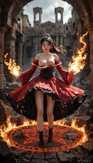a cute asian girl of 21 years old, fire princess, fire everywhere of ruins battlefield, explosion, burning, (tattered torn, dress is burning in places:1.21), (glowing magic, transparent red, small magic circle on her hands, fireball magic, hand magic power, many magic effect, standing:1.07), (slim legs, slim thigh:1.05), (her boobs of E-cups, bouncing breasts, pink nipples, slip down:1.04), lift up skirt by wind, (white panty, ultra-detailed panty, sexy panty, visible panty:1.09), (black under skirts, black lining, peticoat, black flils, off-the-shoulder, detached wide sleeves with tattered torn, leg holster:1.19), (red dress with many black line, long dress, layered dress, flared dress:1.14), volumy hair, high-ponytail, (very long gold hair that reached her thigh with large ribbon:1.02), <lora:japanese_girl_v1.1:1.4>, <lora:cute_girls_xl_v1:1.6>
