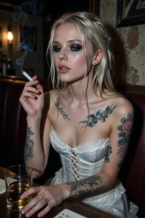 (skinny heavy metal aesthetic, the morning after a night of wild partying, non-conventional beauty:8), , (soft round chin, skinny petite body, plump soft lips:4), , (heroin chic, extremely skinny emaciated body, pale almost sickly skin, prominent collarbones, visible ribs:3), , (platinum blonde hair, stringy unwashed hair, tousled unkempt hair hanging loose across her shoulders, stray hairs framing her face, dark smudged kohl eye makeup, very heavy kohl eye-shadow:3), , (apathetic distant expression, holding a lit cigarette in one hand, her other hand rests near a tumbler of whiskey placed on the table in front of her, sitting in a booth in a bar, slouched against the far wall:4), , (heavily tattooed, very pale skin), , (ironic white bridal corset), , (Cinematic dark-pop aesthetic, avant-garde goth punk, ethereal horror fashion, industrial cyber-goth), , (Raw candid flash photography, editorial lookbook, moody dramatic lighting, cinematic composition), , (gritty dim bar aesthetic)