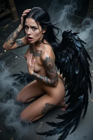 Ultra detailed depiction of a dark angel woman, realistic face, strikingly beautiful face, highly detailed, extremely detailed skin, supermodel of 25yo fully tattooed, olive skin, jet black hair, sharp sculpted features, deep dark eyes, image taken from above, surprised, kneeling, looking at viewer, big eyes, rear-side view, in her back 2, immense black wings made of crow feathers spotted behind her shoulders, (((the wings are very long and extend as low as her feet, they trail on the ground))), ((fully naked)), .
emphasis on her face, refined facial structure, delicate bone lines, subtle tension around the eyes and lips., ((Her expression blends compassion and inner pain with unwavering resolve)), . Long black hair moved by the wind.
One hands on her head close to ear and moving up her hairs theatrically, the other hand in a sensual pose on her chest, A mystic black smoke, thin but opaque, like a obscur glow, surrounds her body and wings She is, (arched), showing her, ((extraordinary flexibility)), and mystically shaped body, ((A mystic smoke, dark and not grey, thin but opaque, like a obscur glow, is on the ground and surrounds her body and wings)), .