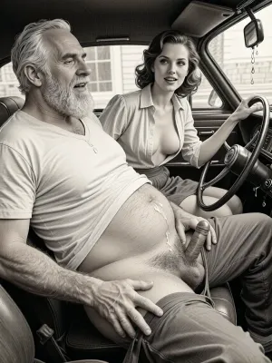 This is a detailed monochromatic pencil drawing in a classical illustrative style depicts a scene set after blowjob in 1950s, (obese bearded white haired older dilf in passenger seat receiving handjob by Beautiful sexy brown elegant hairstyle mother in driver seat), POV, lustful smile, focused on hairy scrotum, mother in driver seat is helping older dilf cum, precum, dripping older dilf's cocks, (((Beautiful sexy brown elegant hairstyle mother with hourglass figure, she is wearing in an open blouse and a skirt, (wide hips)))), (the man one hand grops woman's hip), undersides of penis, ((a woman looks at a man's penis)), dimly lit, tiny penis, sitting in car, fat and skinny, receiving handjob, v neck t shirt pulled up above big hairy belly, ((pubic hair:1.7)), ((scene after blowjob:1.5)), (((a lot cum on woman's face and lips))), sweatpants pulled down, masturbation, hairy scrotum. The overall mood is intense, rendered in fine, expressive line work and subtle shading, evoking the style of 1950s satirical or moralistic illustrations.