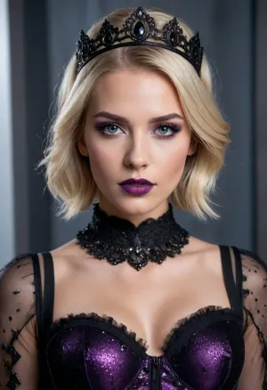 The image is a portrait of a young woman with blonde hair streaked with grey, styled in a short bob. She is wearing a dramatic, dark outfit. On her head, she sports an elaborate black crown adorned with leaf-like shapes and small dark beads. A sheer black veil, possibly part of the crown or attached separately, drapes from the crown down her back and sides, framing her face. Her makeup is striking, featuring bold purple lipstick and dramatic eyeshadow with shimmering purple glitter applied under her eyes. She also has a small nose ring.

She is dressed in a black ensemble that includes a sheer, polka-dotted long-sleeved top with ruffled cuffs and a ruffled neckline. Beneath this, she wears a black sweetheart-shaped bra or bustier. Around her waist, she has a wide black belt or corset with silver grommets and a black lace-up detail.

The background is a plain, light blue-grey wall, which helps the dark clothing and striking makeup stand out. The composition is a close-up, head-and-shoulders shot, with the woman looking directly at the camera with a serious expression. The lighting is even and somewhat soft, highlighting the textures of her clothing and the details of her makeup and accessories. The overall impression is one of a stylized, possibly costume-related, portrayal with a gothic or regal aesthetic. The bottom of the image shows a partial view of a phone interface, suggesting the photo was taken with a mobile device.