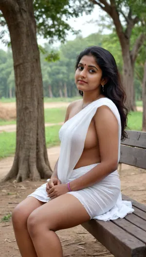 A 24 years old Bengali hot wife, urban wife, enormous hanging saggy boobs, little fat on belly, curvy figuee hairy body, horny eyes, lustful look, puffy lips, thick hairy pussy, hairy bush on armpits, sexy shameless, heavily sweating wet glistening shiny oil covered wet glistening body, wearing a ordinary plain white traditional saree, sitting on a wooden bench under a huge banyan tree beside a dusty dirty village road on a hot sunny afternoon, side view, show the long lonely dusty road, sitting properly wearing a plain white transparent saree properly, short length mini saree ending above knees, totally seethrough knee length saree