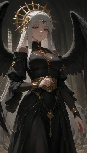 A solemn, pale young woman stands in a moonlit night, her presence calm and powerful like a supernatural guardian. Her long black dress flows softly around her, and an ornate, ancient headdress rests on her brow, hinting at sacred, forgotten traditions. Shadow‑like wings rise behind her with quiet, battle‑ready strength — not feathers, but drifting darkness shaped by divine power. Her expression is deep and sorrowful, carrying the weight of an eternal duty. Soft silver moonlight outlines her face, giving her an unearthly glow. Mist swirls around her as if responding to her presence, and the night landscape feels hushed and reverent, as though she stands at the boundary between worlds. She embodies mystery, strength, and tragic, otherworldly beauty.