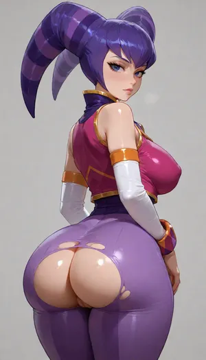 1girl, Nights, (character), (Nights from, NIGHTS series), (Nights from, Nights into dreams game), she is 20 years old, NiGHTS has a thin, humanoid form, beige skin, large bluish-purple/purplish-blue eyes with slitted pupils. They also have large, black eyelashes. They wear a violet and dark purple-striped two-horned purple jester cowl on their head, NiGHTS wears a purple and white unitard or possibly purple unitard with a white shirt, the sleeves are baggy with purple and yellow cuffs. NiGHTS' clothes are embroidered with silver thread on the arms and legs. They also wear a small sleeveless pink vest with yellow trim and 4 yellow star-like buttons on it, with 2 on the left side, and 2 on the right side. Big round boobs, big thigs, big round ass, Her pants are ripped off so that her ass and vagina are visible, (vagina), (shaved pussy), she is standing with her back turned to viewer, looking at viewer, Completely white background, professional image, very detailed image, 4K image