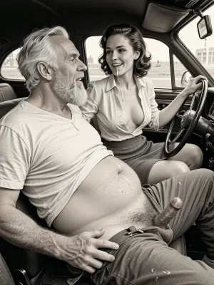 This is a detailed monochromatic pencil drawing in a classical illustrative style depicts a scene set after blowjob in 1950s, (obese bearded white haired older dilf in passenger seat receiving handjob by Beautiful sexy brown elegant hairstyle mother in driver seat), POV, lustful smile, focused on hairy scrotum, mother in driver seat is helping older dilf cum, precum, dripping older dilf's cocks, (((Beautiful sexy brown elegant hairstyle mother with hourglass figure, she is wearing in an open blouse and a skirt, (wide hips)))), (the man one hand grops woman's hip), undersides of penis, ((a woman looks at a man's penis)), dimly lit, tiny penis, sitting in car, fat and skinny, receiving handjob, v neck t shirt pulled up above big hairy belly, ((pubic hair:1.7)), ((scene after blowjob:1.5)), (((a lot cum on woman's face and lips))), sweatpants pulled down, masturbation, hairy scrotum. The overall mood is intense, rendered in fine, expressive line work and subtle shading, evoking the style of 1950s satirical or moralistic illustrations.