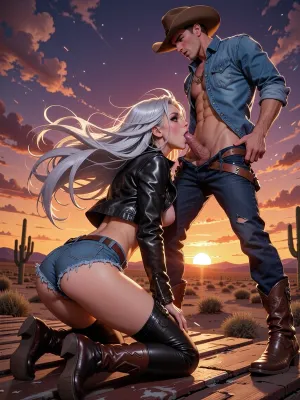 A striking cowgirl with long, windswept silver-white hair and a confident, piercing gaze kneels on the roof of a saloon at sunset, wearing a cropped leather jacket, low-rise shorts, and thigh-high boots. A man wearing a cowboy hat, a denim cowboy shirt, and cowboy boots stands before her. The man's fly is unzipped, and the man has a large, erect penis. The woman is sucking his penis and giving him a blowjob. A dramatic camera angle from below, looking up against the sky, reveals a vast desert horizon with a blazing orange and purple sky, scattered tumbleweeds, and silhouetted cacti in the distance. A vibrant anime-style illustration with dynamic lines, cel-shading, exaggerated wind effects on hair and clothing, glare from the setting sun, and a rich color palette with warm orange and cool purple hues. Energy and movement inspired by Studio Trigger.