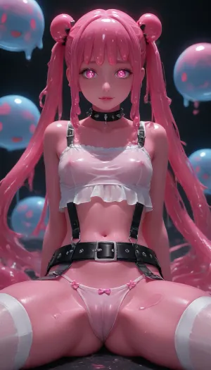 Dark black background, (charming eyes, big bright pink glowing pupils:1.5), petite short-statured slime girl with, round cute face, big charming eyes, and anime-style eyes, erotic sexy smile, Charming petite girl, Multicolour bright pink Hairstyle, two bun of hair in the shape of round ears, long hair, looking at viewer, bangs, hair ornament, bow, ribbon, bare shoulders, twintails, very long hair, voluminous hairstyle, glowing pink iridescent hair, medium elastic breast, sexy belt suspenders for stockings, and a spiked black collar around the neck, spread legs, (slime girl:1.5), erect nipples, White Short top, no bra under top, wet transparent top, (cameltoe:1.5), showing pussy under transparent panties G-string, Pink tentacles wrap around feminine legs, White stockings, very wet horts in pink slime, pink hair, (pink skin:1.9), <lora:light_contour_sdxl:2>, <lora:Glowing_beach:2>, <lora:glowneon_xl_v1:2>, <lora:Pink_Slime-000006:2>