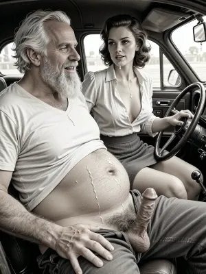 This is a detailed monochromatic pencil drawing in a classical illustrative style depicts a scene set after blowjob in 1950s, (obese bearded white haired older dilf in passenger seat receiving handjob by Beautiful sexy brown elegant hairstyle mother in driver seat), POV, lustful smile, focused on hairy scrotum, mother in driver seat is helping older dilf cum, precum, dripping older dilf's cocks, (((Beautiful sexy brown elegant hairstyle mother with hourglass figure, she is wearing in an open blouse and a skirt, (wide hips)))), (the man one hand grops woman's hip), undersides of penis, ((a woman looks at a man's penis)), dimly lit, tiny penis, sitting in car, fat and skinny, receiving handjob, v neck t shirt pulled up above big hairy belly, ((pubic hair:1.7)), ((scene after blowjob:1.5)), (((a lot cum on woman's face and lips))), sweatpants pulled down, masturbation, hairy scrotum. The overall mood is intense, rendered in fine, expressive line work and subtle shading, evoking the style of 1950s satirical or moralistic illustrations.