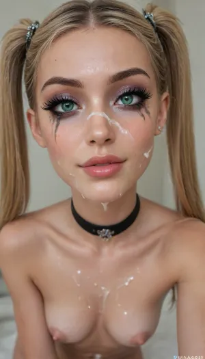 instagram photo, 18 y.o., slut, blonde hair, (((two pigtails))), big lips, beautiful face, ((smile)), black choker, extra detailed, (high definition:1.6), (glamorous smash makeup:1.5), (boobs:1.2), (green eyes), (((very very big long eyelashes:1.4))), (ab crack), ((wet Skin)), ((cum on face:1.8)), choker, covered long erect nipples, (in the bad), shadows, bright light patches, light caustics, (Dynamic angle:1.5), round breasts, hard nipples, narrow waist, (big tits:1.3), (small butt:1.5), ((very skinny:1.5)), tears, short body, realistick, <lora:melanin-XL:1.3>
