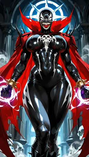 (("The Spawn")), Photorealistic ultra-detailed cinematic image of a powerful seductive female Spawn, genderbent version, athletic voluptuous body with large breasts, narrow waist and wide hips, wearing an extremely tight glossy black symbiote suit that clings to every curve, white skull emblem on chest, red glowing vein-like patterns, sharp spikes on shoulders, forearms, thighs and boots, heavy metal chains wrapped around torso and arms, long torn flowing red cape with spikes, full black and white demonic mask with glowing white eyes, no hair visible, standing in powerful pose, intense green hellish energy and smoke swirling behind her, dark dramatic lighting, ultra realistic skin texture on exposed parts, menacing atmosphere, 8k, photorealistic, intricate details, dark erotic horror style