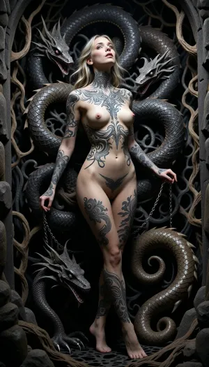 jenny_saville_style_, The image depicts a striking, full-body shot of a woman with intricate, dark grey tattoos covering her entire body, from her neck and face to her toes. She has fair skin, blonde hair that is slightly windswept, and is looking upwards with her lips slightly parted. Her body is positioned in a graceful, somewhat ethereal pose, with her arms resting by her sides. Her left hand is gently holding a chain that appears to be connected to the surrounding elements.

The woman is enveloped by a dramatic and complex background composed of dark, intertwining, organic forms that resemble monstrous, scaled creatures or gnarled tree roots. These forms are rendered in dark, textured greys and browns, with a rough, almost stone-like appearance. They curl and writhe around her, creating a sense of enclosure and perhaps even entrapment or protection. Some of these forms have visible reptilian features, such as heads with open mouths and claw-like appendages.

The color palette of the image is predominantly dark and moody, with deep blacks, desaturated greys, and muted brown tones. The lighting is dramatic, with strong highlights on the woman's skin and hair, contrasting with the deep shadows that obscure much of the background detail. The overall effect is one of mystery, power, and a touch of the surreal or mythical.

The composition places the woman centrally, drawing the viewer's eye directly to her. The organic, serpentine forms of the background create a framing effect, accentuating her presence. The perspective is slightly from below, emphasizing her form and the imposing nature of the surrounding elements. The textures are highly detailed, from the delicate patterns of the tattoos to the rough, scaled surfaces of the background elements, contributing to the overall richness and visual interest of the image. The scene evokes a fantasy or mythological narrative, with the woman appearing as a central figure within a dark, perhaps dangerous, but also captivating environment.