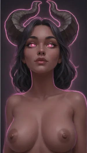 (2D, vector art, cel shaded:1.8), (thick outline:1.8), 1girl, solo, ((demon girl)), ((mature)), ((dark purple colored skin)), (huge horns), ((pink eyes, glow)), vibrant, energetic, portrait, naked, <lora:outline_xl_kohaku_delta_spv5x:2>, <lora:detailed_notrigger:.8>, <lora:add-detail-xl:.8>