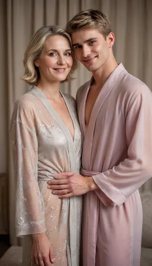 Full length romantic portrait of mature mother 48yo short ash-blonde hair, shy smile, sheer robe, embrace with young male, ((20yo)), boyfriend.