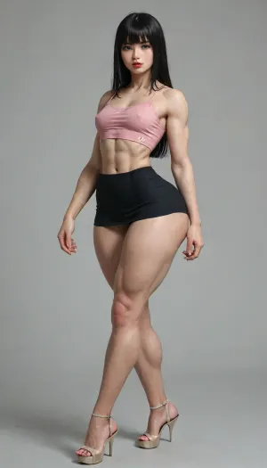 Full body, 8k wallpaper, ((18 year old)), (Highest quality), ultra detailed. Long black hair with bangs, green eyes, Korean face, red lips, small breasts, ((very muscular)), ((tiny waist)), wide hips, (((huge ass))), pale skin, abs. BREAK, pink blouse, long black skirt, platform heels. Semi-realistic. walking., <lora:add-detail-xl:.8>, detailxl, <lora:detailed_notrigger:.8>, <lora:detailed_hugeass:.7>, sfb, <lora:sfb_v3:.8>