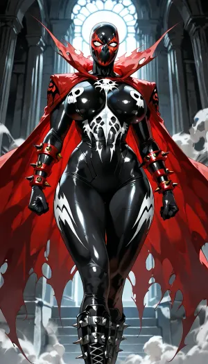 (("The Spawn")), Photorealistic ultra-detailed cinematic image of a powerful seductive female Spawn, genderbent version, athletic voluptuous body with large breasts, narrow waist and wide hips, wearing an extremely tight glossy black symbiote suit that clings to every curve, white skull emblem on chest, red glowing vein-like patterns, sharp spikes on shoulders, forearms, thighs and boots, heavy metal chains wrapped around torso and arms, long torn flowing red cape with spikes, full black and white demonic mask with glowing white eyes, no hair visible, standing in powerful pose, intense green hellish energy and smoke swirling behind her, dark dramatic lighting, ultra realistic skin texture on exposed parts, menacing atmosphere, 8k, photorealistic, intricate details, dark erotic horror style