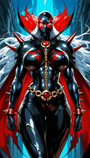 (("The Spawn")), Extremely detailed comic book style female Spawn, seductive and powerful anti-heroine, voluptuous athletic body, black and crimson symbiote suit hugging every curve, exposed midriff, spiked pauldrons, long spiked cape, chains floating around her, glowing white eyes, beautiful face partially visible under broken mask, long flowing hair, dynamic action pose, Todd McFarlane art style, high contrast, dramatic shadows