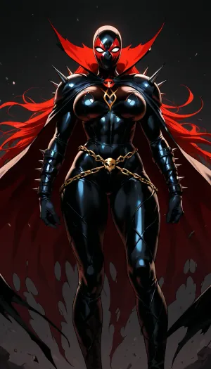 (("The Spawn")), Extremely detailed comic book style female Spawn, seductive and powerful anti-heroine, voluptuous athletic body, black and crimson symbiote suit hugging every curve, exposed midriff, spiked pauldrons, long spiked cape, chains floating around her, glowing white eyes, beautiful face partially visible under broken mask, long flowing hair, dynamic action pose, Todd McFarlane art style, high contrast, dramatic shadows