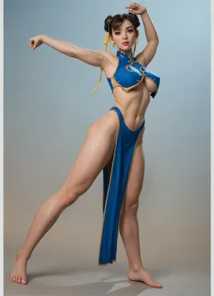realistic, (masterpiece), amazing quality, dynamic lighting, high resolution, Ultra-detailed, very aesthetic, anime style, street fighter, 1girl, chun-li, bare arms, bare shoulders, blush, breast curtain, breasts, brown hair, cleavage cutout, clothing cutout, covered nipples, crop top, cross-body stretch, double bun, earrings, frown, hair ribbon, hands up, jewelry, medium breasts, loincloth, looking at viewer, midriff, navel, pearl earrings, pelvic curtain, red eyes, stomach, stretching, swept bangs, arched back, thighs, knees, long legs, barefoot, toned, underboob, yellow ribbon, standing, contrapposto, full body, cast shadows, white border, outside border, from below, dutch angle, two-tone background, gold background, dark blue background, gradient background, ac_neg1