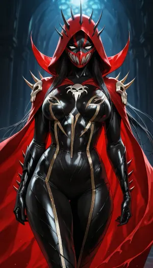 (("The Spawn")), A highly detailed cinematic portrait of a fierce female Spawn, genderbent version of Spawn, beautiful athletic woman in her mid-20s, powerful and seductive, wearing the iconic black and red symbiote suit with glowing emerald green accents, long flowing red cape with spikes, heavy chains wrapped around her body, skull emblem on chest, sharp spikes on shoulders and wrists, full face mask with glowing white eyes, long dark hair flowing from under the hood, perfect feminine proportions with athletic muscular build, dynamic pose, dramatic lighting, dark atmosphere, hellish energy, cinematic style, ultra realistic, 8k, photorealistic, intricate details, in the style of Todd McFarlane and Greg Capullo