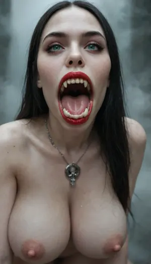 Ultra-realistic, ((vampire with pointed teeth)), open mouth, Pale white like marble, ((a woman with very pale skin)), (((skin completely pale, skin without pigment, long black hair))), extremely detailed, (((enormous fangs, open mouth))), (seductive green eyes, full lips, red lipstick), ((enormous exposed breasts, pink areolas)), (huge breasts), Necklace with skull detail around the neck, (naked, perfect, pussy), wet pussy, pubic hair, front view, side view, ground full of skulls and bones, ((fog in the background)), night scene, ((very pale)), skin, Perfect, Fangs, fangs, sharp, teeth, fang, <lora:detailed_notrigger:.8>, <lora:Pale_Skin_SDXL_v1.0:.8>, <lora:Unfazed vampire - XL SDXL V1.0:.8>