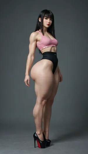 Full body, 8k wallpaper, ((18 year old)), (Highest quality), ultra detailed. Long black hair with bangs, green eyes, Korean face, red lips, small breasts, ((very muscular)), ((tiny waist)), wide hips, (((huge ass))), pale skin, abs. BREAK, pink blouse, long black skirt, platform heels. Semi-realistic. walking., <lora:add-detail-xl:.8>, detailxl, <lora:detailed_notrigger:.8>, <lora:detailed_hugeass:.7>, AtompunkSDXL