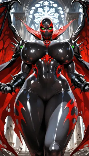 (("The Spawn")), Hyperrealistic full-body shot of a fierce seductive female Spawn standing with arms spread wide, genderbent, perfect voluptuous athletic body, huge breasts, slim waist, wide hips, glossy black symbiote suit second-skin tight with white bone patterns and red accents, massive spiked armor on shoulders and arms, heavy golden and metal chains wrapped around waist and chest, long dramatic flowing red cape spread like wings, full black and white Spawn mask with glowing green eyes, no hair visible, powerful stance, dark gothic cathedral ruins background with flying debris, dramatic low angle shot, cinematic lighting, ultra realistic, 8k, dark erotic horror style